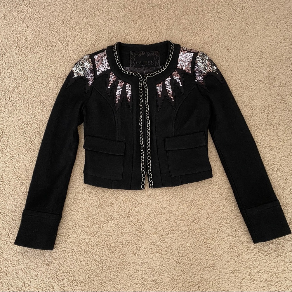 NWT Guess Women Cropped Sequined Blazer Jacket Wool Size XS